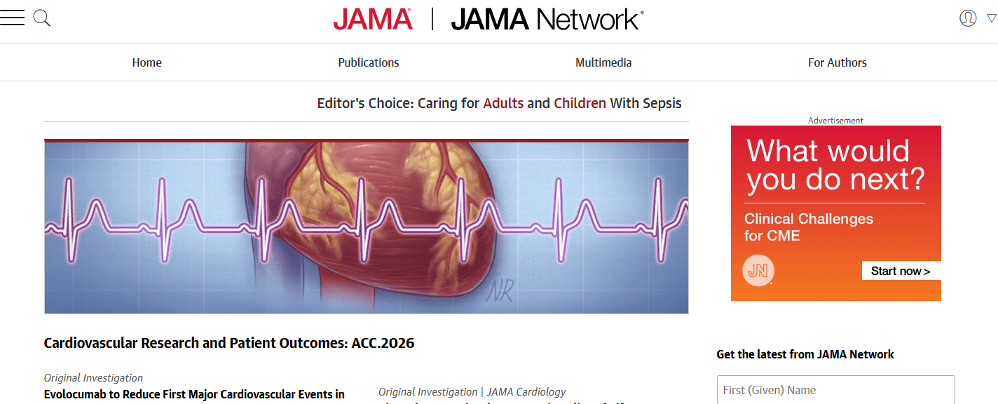 Journal of American Medical Association (JAMA) interface showing medical journal articles