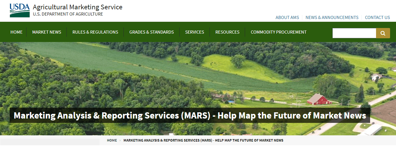 MARS USDA design system interface showing agricultural market data