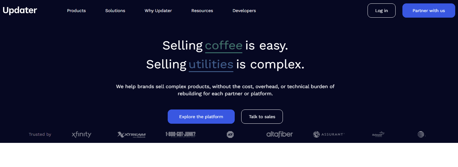 Updater's Insurance Division interface showing insurance products for movers and property managers